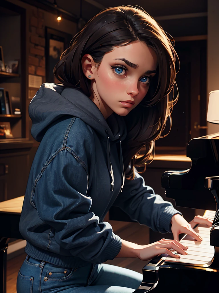 a pretty brunette girl, 22 years old, wearing a black hoodie and blue jeans, playing piano in an urban apartment, pensive and slightly sad expression, detailed facial features, detailed eyes and lips, complex urban background, fancy lighting, cinematic composition, realistic photo, high quality, 8k, ultra detailed