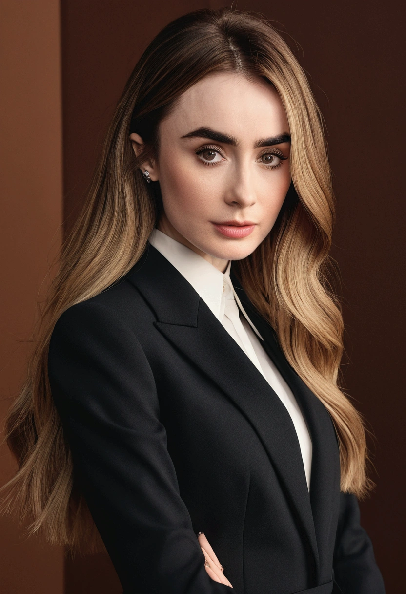A very realistic and detailed photo of Lilly Collins wear a black skirt suit light makeup, beautiful  long straight blonde hair, high quality photo 4k, very detailed, perfect fit, looking at the camera, detailed face, detailed eyes, 