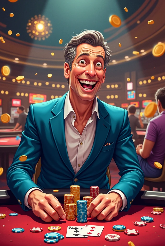 4 images in cartoons Image 1: a man playing casino with a lot of money
Image 2: the same gentleman but he is happy
Image 3: the same gentleman but this time he is crying
Image 4:the same gentleman leaving the casino