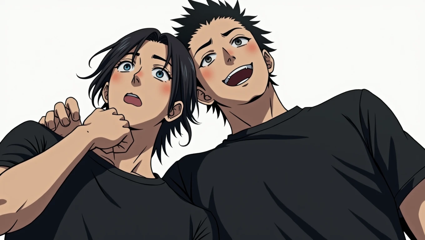 anime characters with black shirts and black hair posing for a picture, two anime handsome men, akehiko inoue and ross tran, katsuhiro and inio asano, bishounen, from yowamushi pedal, sankakucomplex anime image, jin shan and ross tran, jiro matsumoto and yusuke murata