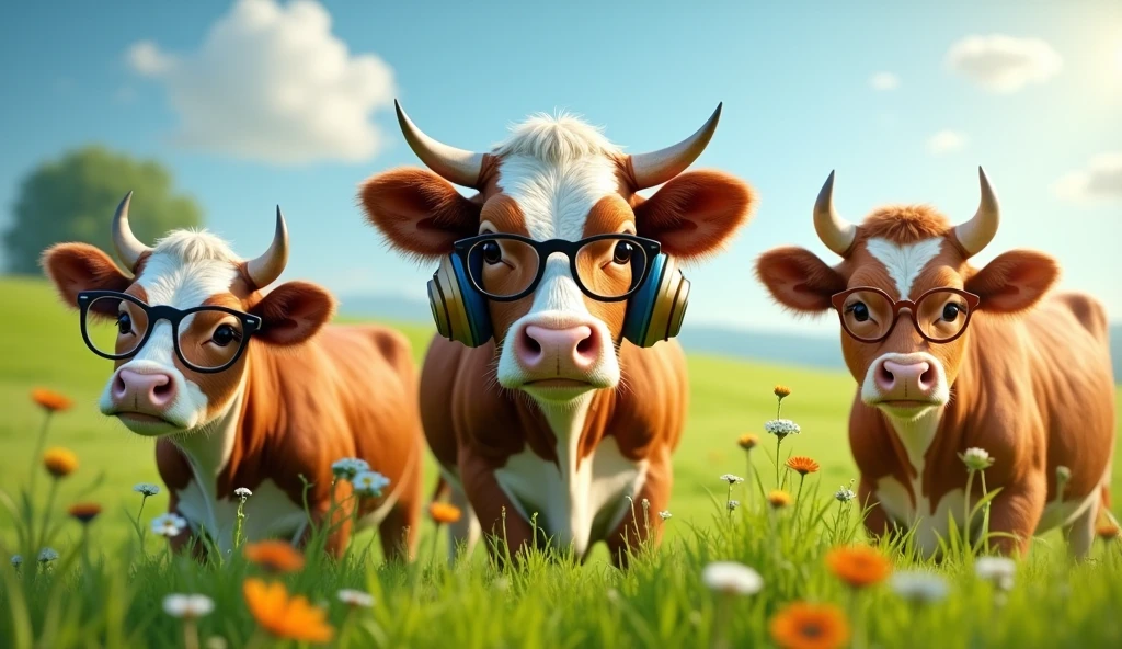A cow is wearing headphones and 2 cows are wearing glasses in a green field
