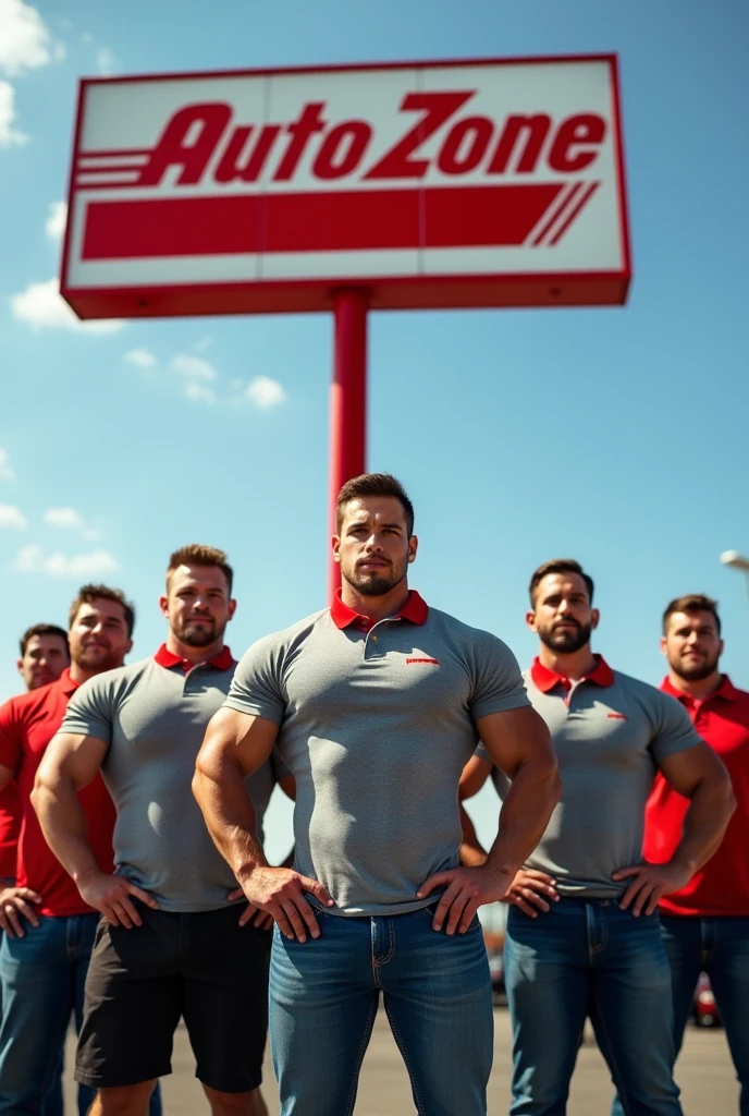 Really muscular men and women wearing grey and red polo shirts whit a big red autozone sign in the background