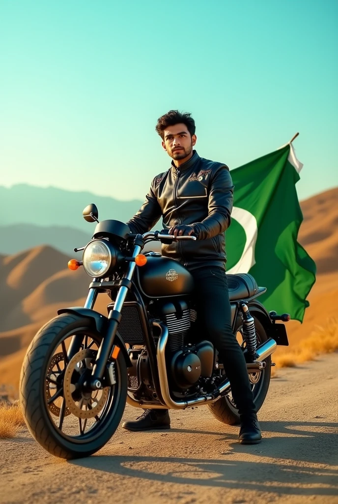 is name is Qudrat I stand with motorcycle with Pakistani flag