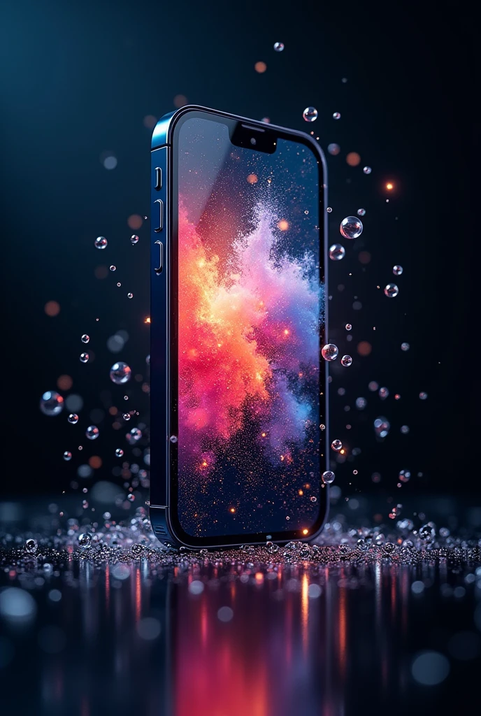 iphone 15 pro max, with 4k hd result, showing beautiful colorfull abstract image, many metalic type droplet on screen, dark back ground