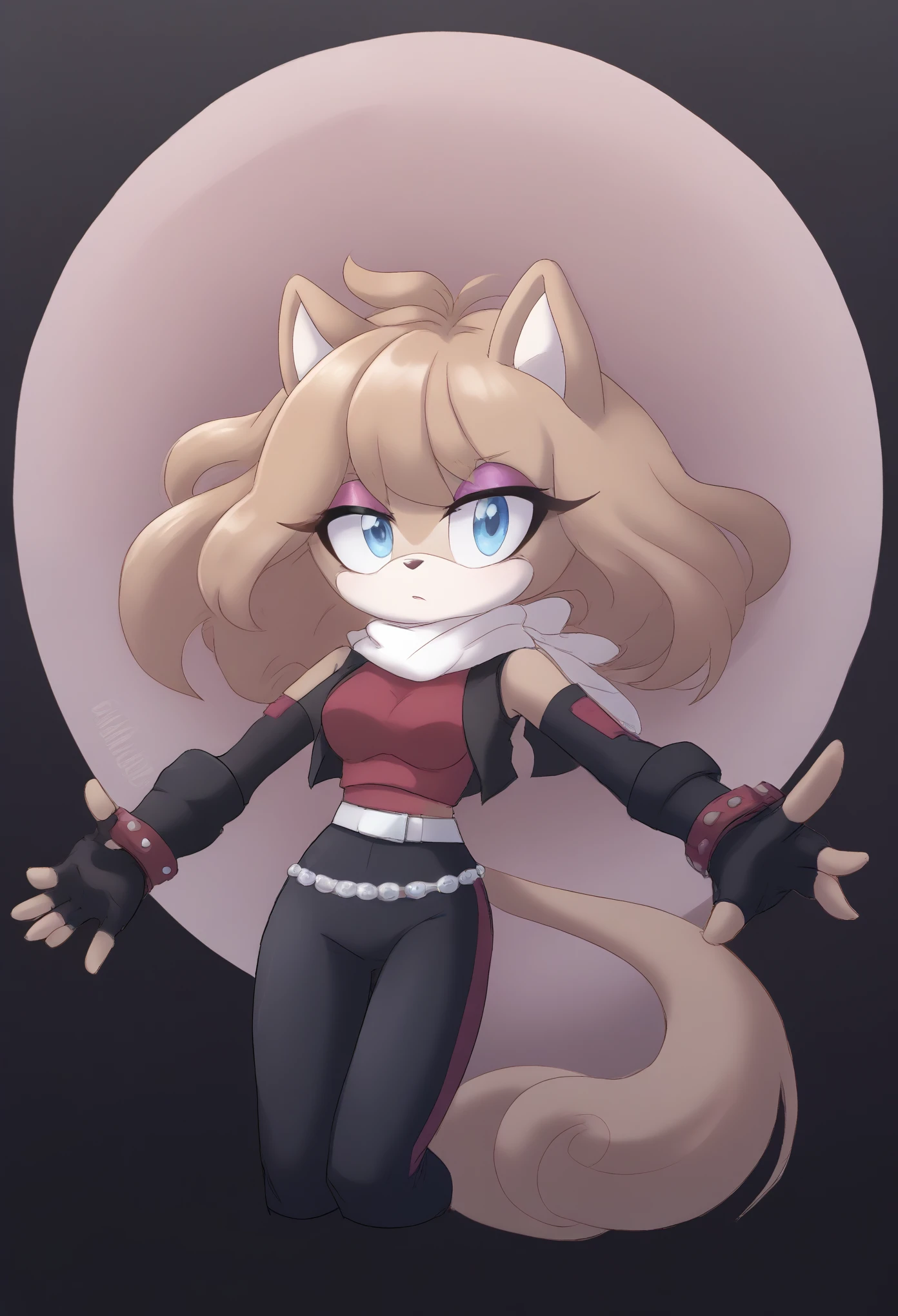 (1girl), (solo), Female Mink, light brown fur, long hair, fringe_trim styled hair bangs, blue eyes, medium bust, long tail, white cropped vest coat, reddish magenta crop top, black yoga pants, white belt, long anime-like scarf blowing in the wind, long elbow length black gloves, fingerless gloves, makeup, eyelashes, daytime, mobian, mobius city
