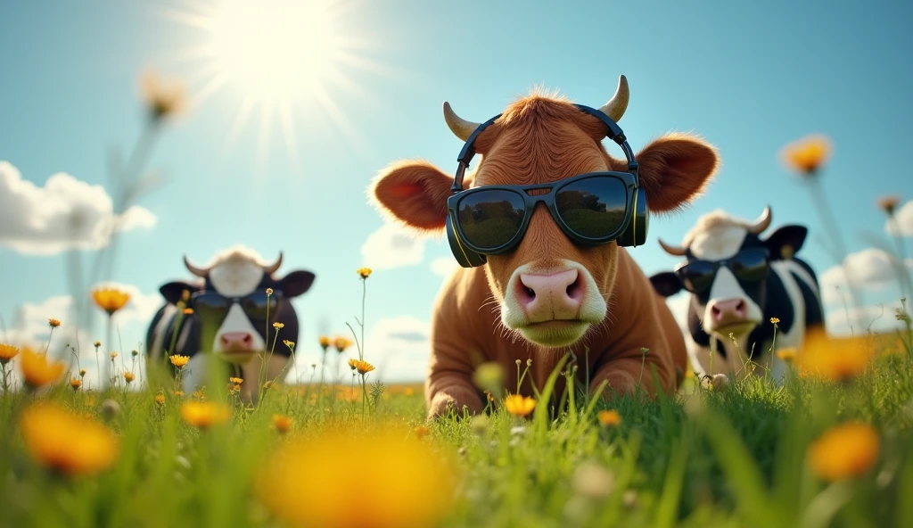 A cow is wearing headphones and 2 cows are wearing glasses in a green field