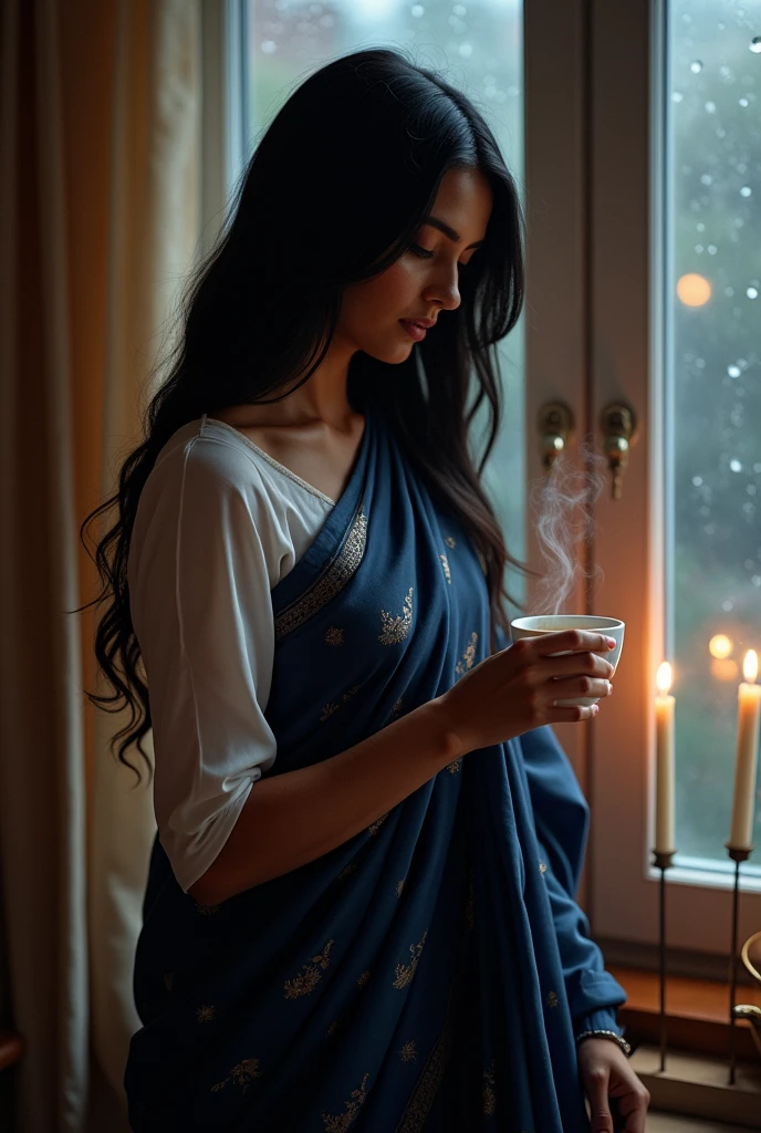 A girl, tanned skin, wearing a dark blue colour saree, white blouse, long hair, black hair, open hair, Straight hair ,Asian style, beautiful, entering room with a cup of tea in hand, raining outside the window