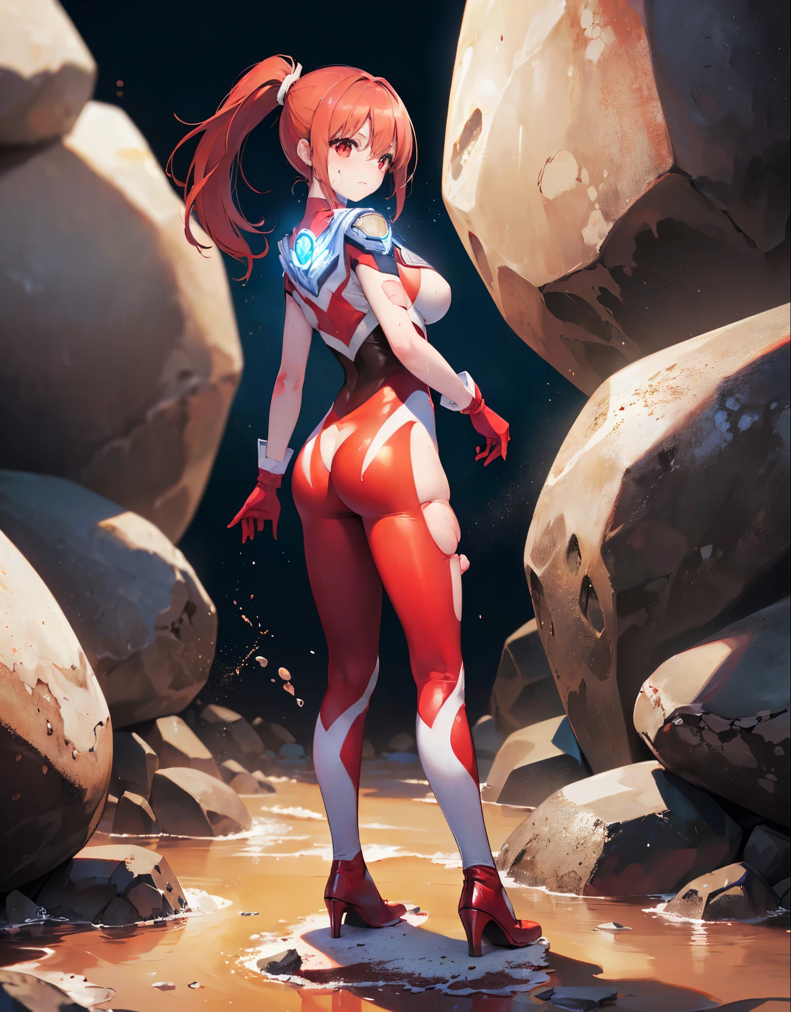 (Close-up:1.2),Realistic,Highest quality, Ultra Detail, High-quality CG rendering, The most delicate and beautiful, Floating softly, High resolution, (One huge person), (Highest quality,4K,8k,masterpiece:1.2),(All red hair:1.5), (ponytail:1.5),(Red eyes:1.5), (Ultra Girl:1.0), (All red Ultraman bodysuit:1.4),(Do not expose your skin:1.6),(Slightly larger breasts:1.5),(Red gloves:1.3),(Red Shoes:1.3),(whole body:1.3),(Are standing:1.3),(Plain surrounded by rocks:1.3),(Brown sandy ground:1.3),(sweating:1.3),(Wounded:1.3),(Brown mud stains:1.3),(front:1.4),(Turn your back to your audience:1.3)