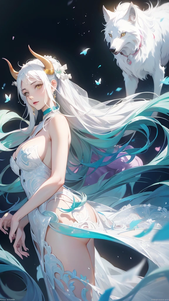 Official Art, Unity,8k wallpaper, Correct Anatomy，Very detailedな, Beautiful yet fleeting、((Two horns growing from the head))Japan、beautiful, masterpiece,((One Woman)) Highest quality,White flower, ((Large Breasts))Flower Ecstasy, Very detailed, Light blue hair、((Randomly々Angle))Dynamic Angle, ((Yamato), ((beautifulウェディングドレス))The most beautiful form of chaos, ((Slim body)).elegant, Vibrant colors,((wedding)) Romanticism, James Jean, Robbie Dawi Anton, Ross Tran, Francis Bacon, It was very cold, Petra Cortright, Gerhard Richter, takato yamamoto, Ashley Wood, Atmospheric,((smile),((White Wolf))