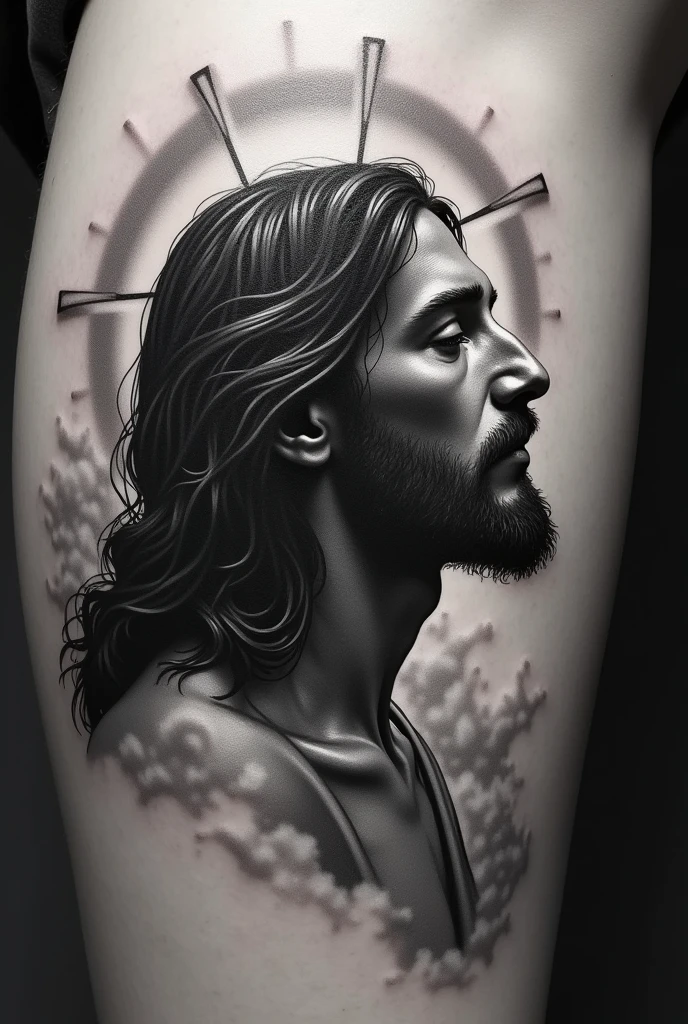 Black and grey profile tattoo of Jesus before being crucified