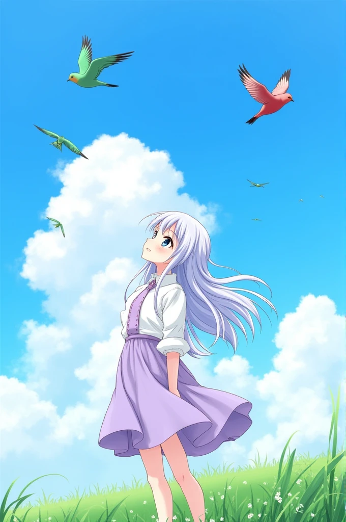 Anime girl wearing a white shirt and a purple dress looking at the birds in the sky