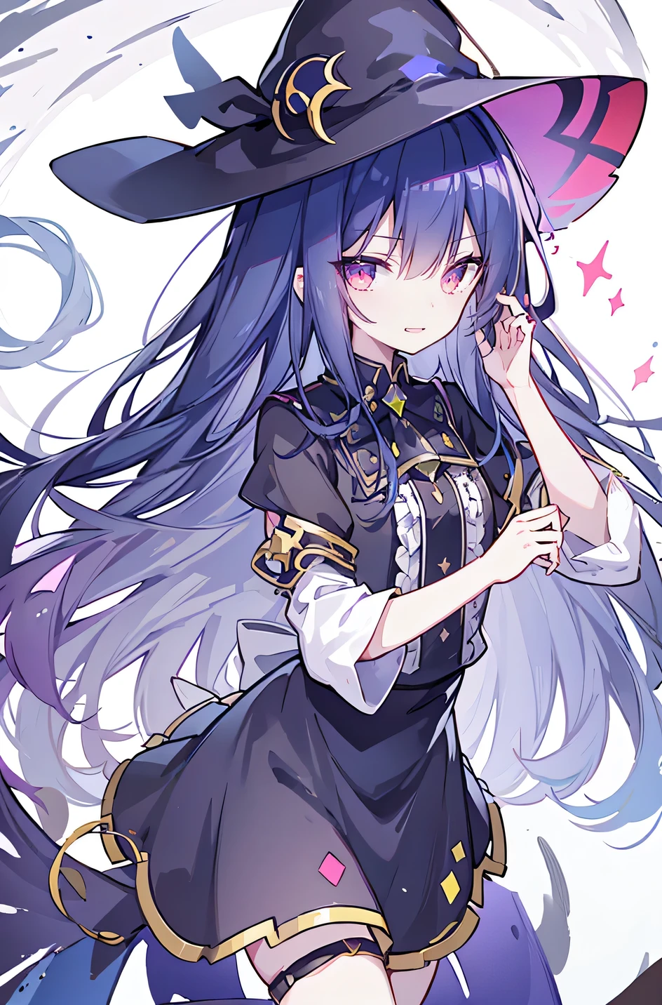 oung Girls,Humanity,A magician always smiles,big witch hat,cute,dark blue long hair,The eyes are dull,The bangs are heavy,Thin eyebrows,fantasy,intake,Double teeth,Star Theme,Constellation pattern,Solid color clothetal decoration,cloak,A bit of a dark atmosphere,A little crazy smile,When the big moon shines outside at night,blood,Hair black star embellishment,Short tie,No nails,High waist skirt,Bell sleeves,Long-sleeved shirt,Black tie,low risk,gentlemen。Mist、Yellow and white effect,Shocking pink as an accent color