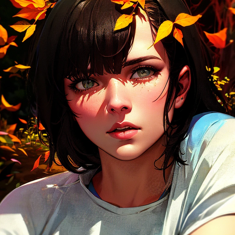 Close-up, Beautiful woman in Samdoesarts style, In the park with orange leaves , Jeremy Mann, Sandra Chevier, Dave McKean, Richard Avedon and Macei Kusiara, White T-shirt and jeans, high detail, 8 K