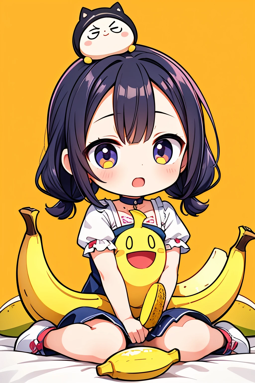 Photorealistic、Chibi Doll(whole body、Panic face、hairpin、A hairstyle that reveals a large forehead、A hairstyle parted in the middle、A banana peel is sitting on top of his head.、Big Laugh)