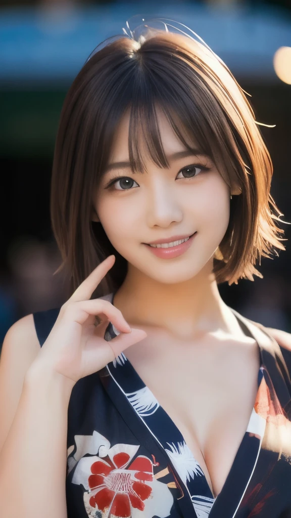 8k,Highest quality,(masterpiece:1.2),(Realistic),(Realistic:1.37),Ultra-high resolution,1 female college student,festival,night,smile,Beautiful Eyes,(((Cute Yukata))),Perfect body,Perfect Fingers,Professional Lighting,gravure,Detailed face and skin texture,fine grain,RAW Photos