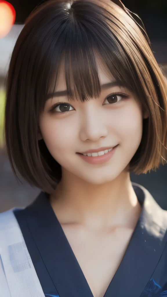 8k,Highest quality,(masterpiece:1.2),(Realistic),(Realistic:1.37),Ultra-high resolution,1 female college student,festival,night,smile,Beautiful Eyes,(((Cute Yukata))),Perfect body,Perfect Fingers,Professional Lighting,gravure,Detailed face and skin texture,fine grain,RAW Photos