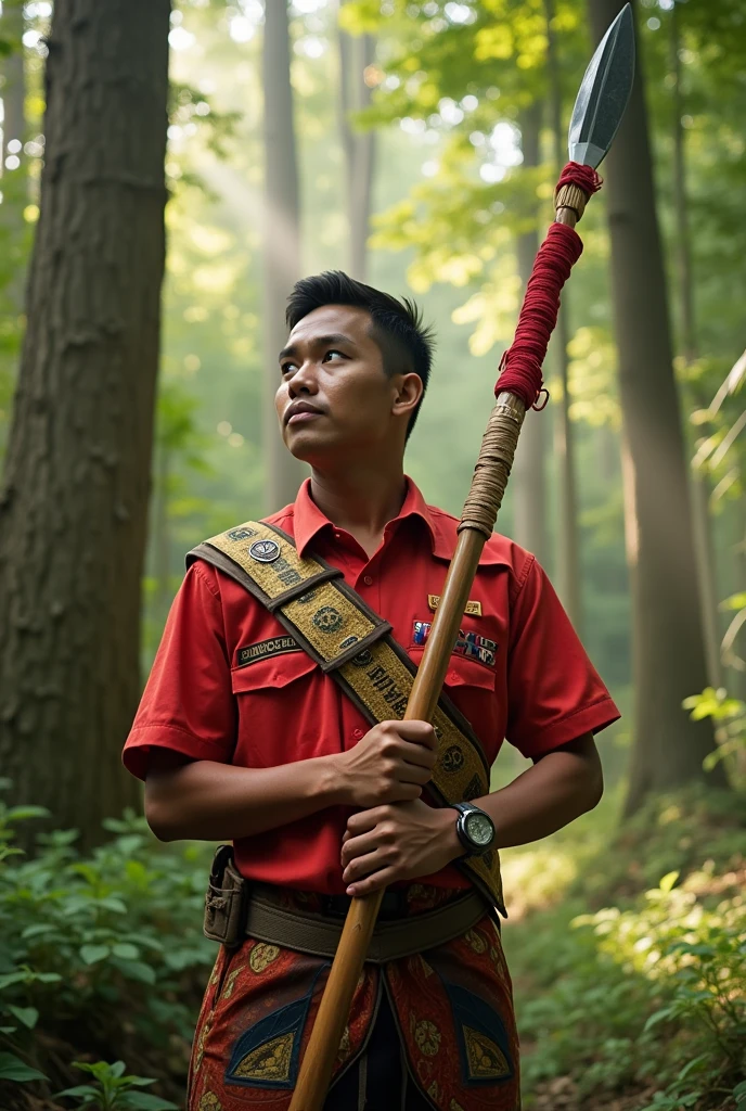 Indonesian man, 25 years, in scout uniform, beautiful forest background, holding sharpened bamboo wrapped in red and white cloth,