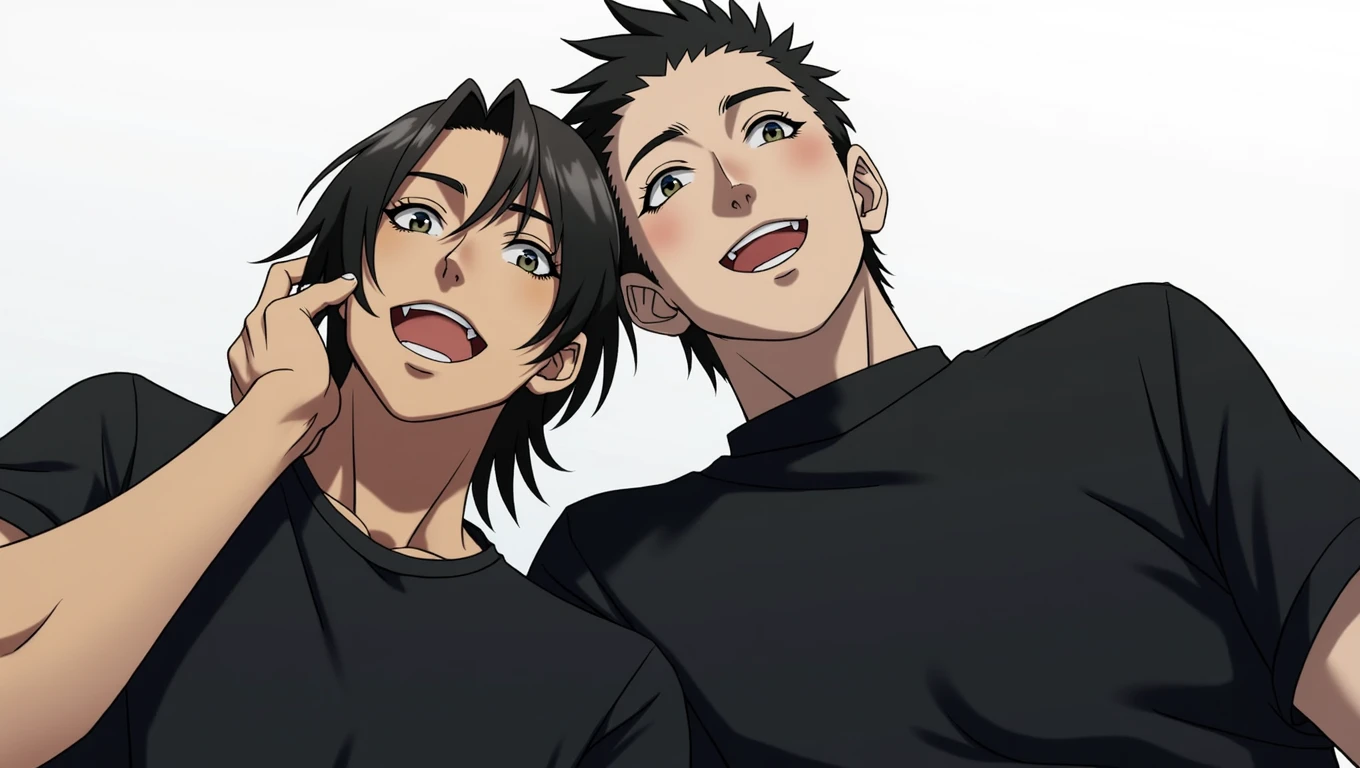 anime characters with black shirts and black hair posing for a picture, two anime handsome men, akehiko inoue and ross tran, katsuhiro and inio asano, bishounen, from yowamushi pedal, sankakucomplex anime image, jin shan and ross tran, jiro matsumoto and yusuke murata