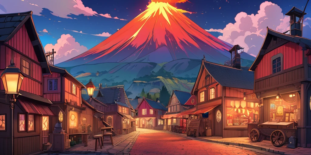 Draw a lofi anime poster, village, volcan, Steampunk Decoration, faire, lumière, a beautiful color palette in black red, couleurs saturées vibrantes, ouvrages d'art, days, animated theme
