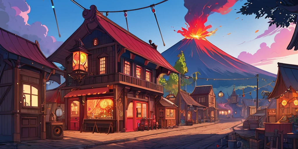 Draw a lofi anime poster, village, volcan, Steampunk Decoration, faire, lumière, a beautiful color palette in black red, couleurs saturées vibrantes, ouvrages d'art, days, animated theme