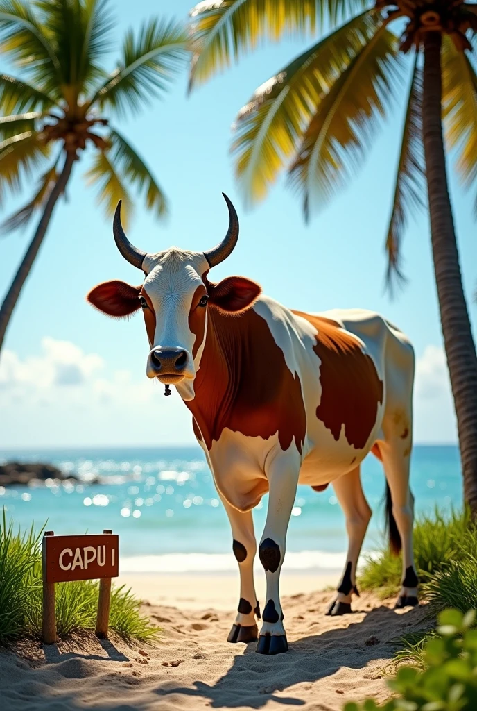 Imagine a Gir Dairy breed cow, with its characteristic white and brown coat, in a beach setting. The cow is in a coastal environment, with the sea and sand in the background. In an area adapted for milk management, there is a milking equipment next to the cow, where she is being milked. The scene may include typical beach vegetation, like coconut trees and grass, besides the bright sun and the seawater in the background, creating an interesting contrast with the dairy production environment. There may be a sign with the name "ICAPUI"
HIGHLIGHTING THE GIR BREED, HEAD WITH HORNS BACK AND DEVELOPED MUZZLE. HIGHLIGHT ALSO THE MILK DAIRY COW