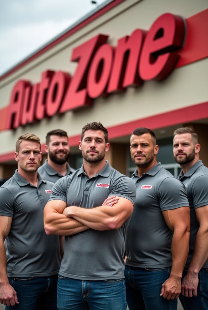 Really muscular men and WOMEN wearing grey polo shirts whit a big red autozone sign in the background 