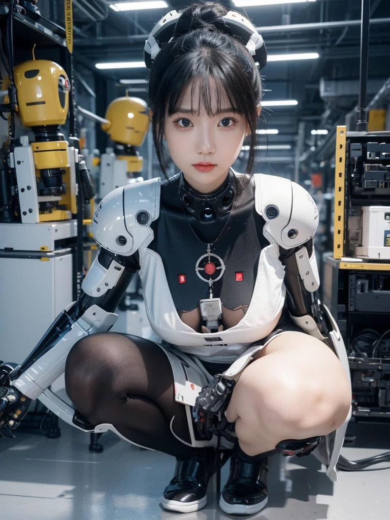 masterpiece, Highest quality, Very detailed, Japaese アンDroid girl,Portraiture,Plump,Thick,Control panel,アンDroid,Droid,Mechanical Hand, robotの腕と脚, Black Hair,Blunt bangs,perfect robot girl,Long tube,A thick cable was attached to her neck.,アンDroid,robot,humanoid,cyborg,japanese cyborg girl ,robot-assembly plant,She is now assembling,Assembly scene,Chubby,Squat