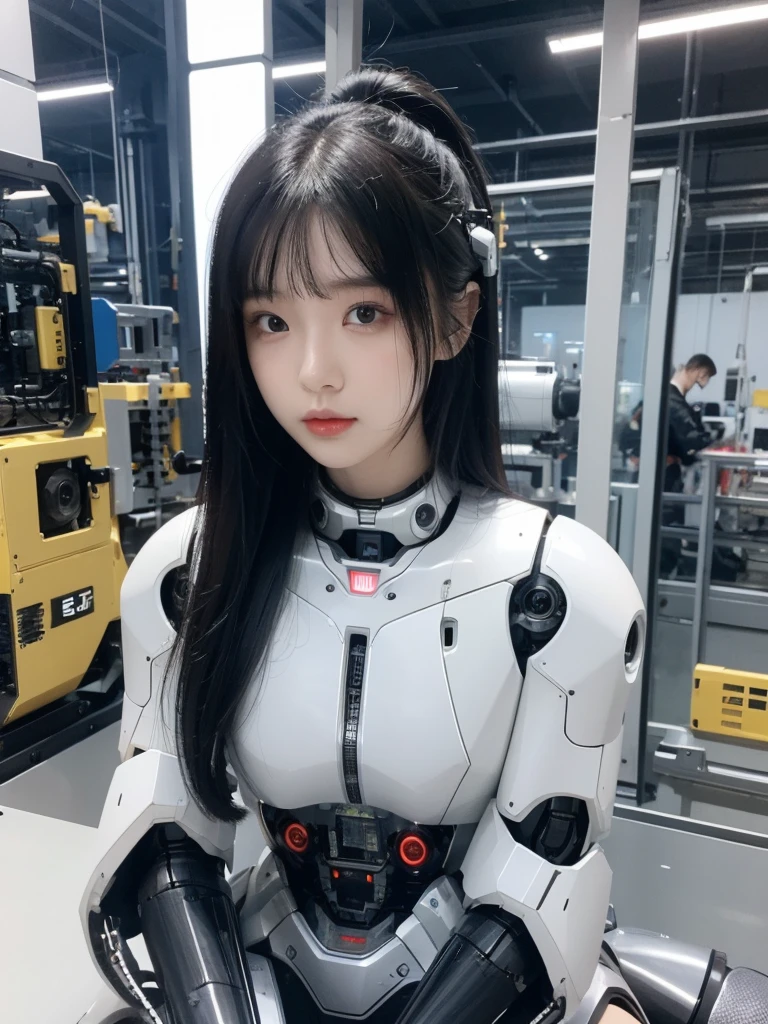 masterpiece, Highest quality, Very detailed, Japaese アンDroid girl,Portraiture,Plump,Thick,Control panel,アンDroid,Droid,Mechanical Hand, robotの腕と脚, Black Hair,Blunt bangs,perfect robot girl,Long tube,A thick cable was attached to her neck.,アンDroid,robot,humanoid,cyborg,japanese cyborg girl ,robot-assembly plant,She is now assembling,Assembly scene,Chubby,Squat