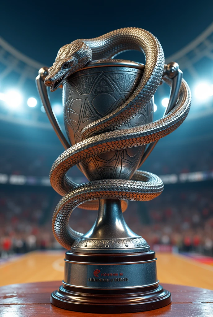 Create an aggressive robotic snake facing forward in a figure eight shape inside a shield-shaped trophy with a sports-related twist