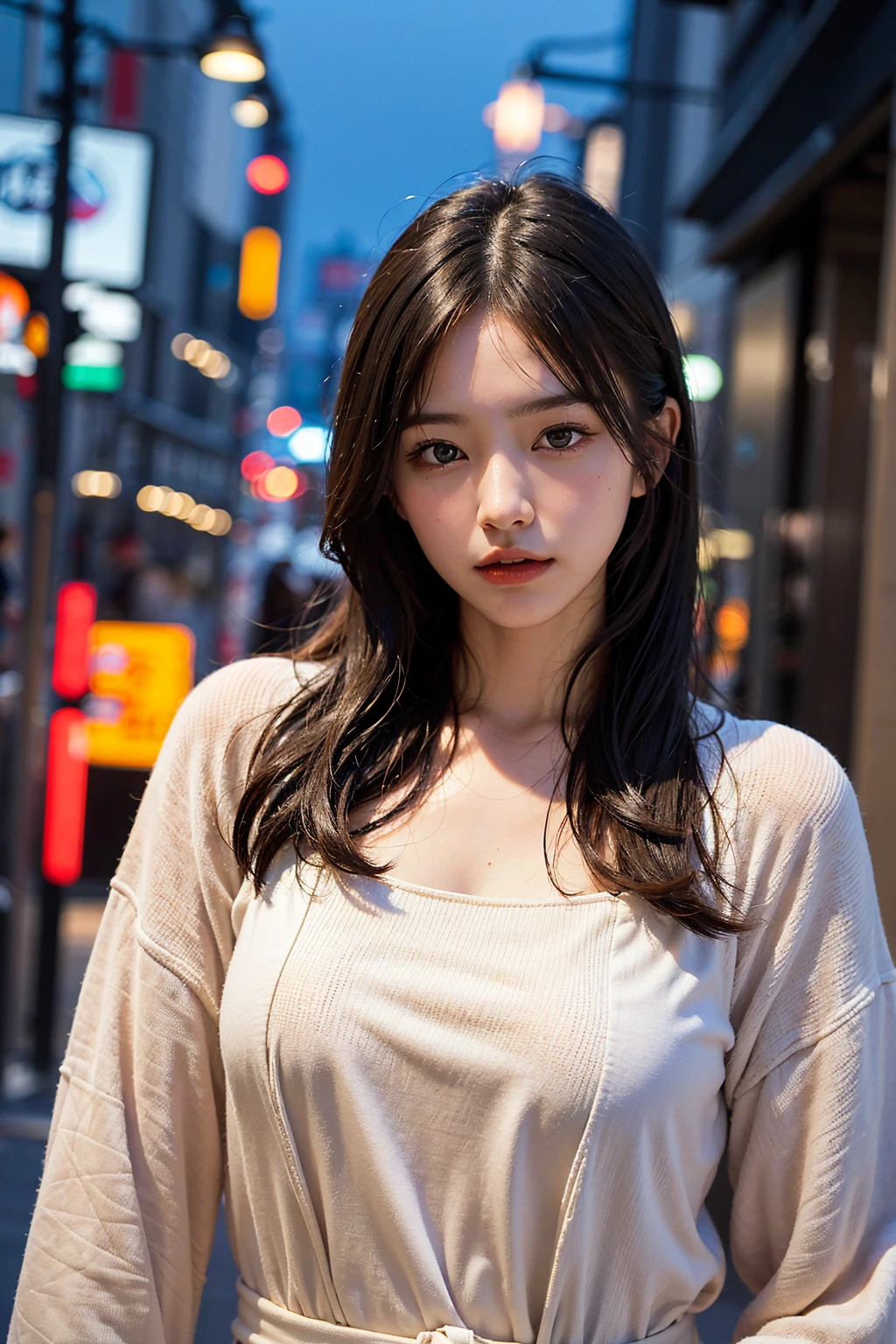 1 woman, tokyo streets,night, cityscape,city lights, upper body,enlargement, 8k, RAW photos, best quality, masterpiece,realistic, photo-realistic,