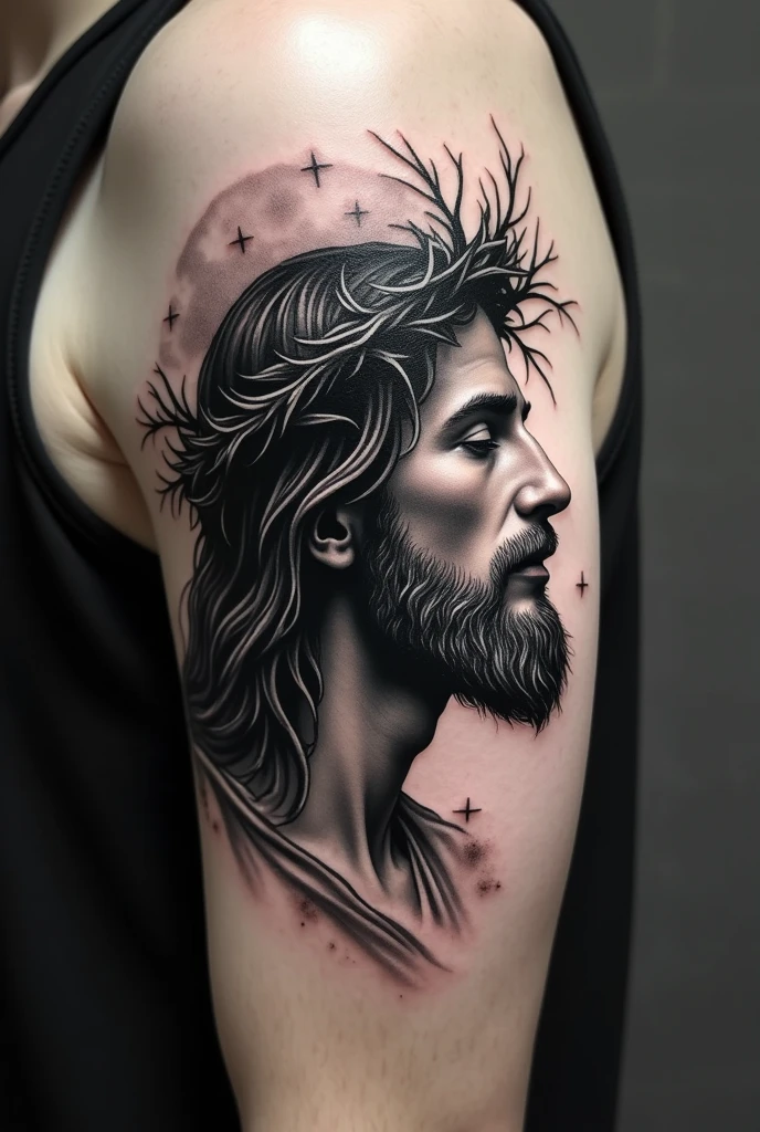 Black and grey profile tattoo of Jesus before being crucified 