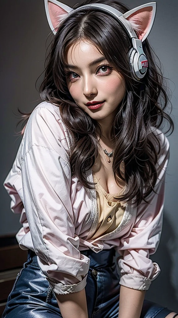 ((Beautiful Face:1.4)), (Purelos Face_v1: 1.0), Half Body,masterpiece, Highest quality, High resolution, One person, Super High resolution, alone, Mecha Pilot, is.and, Headphones, Pink Eyes, Blue tights, Brown Hair, White gloves, Cat face decoration,