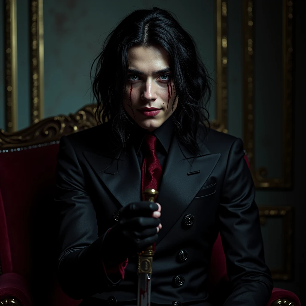 A sexy young male with delicate facial features, black long hair, teal blue eyes. Wearing full Gothic clothes. Holding a knife in his hand. He's wanted a serial killer. (((No facial or body hair))) (Male) (Black and red) (Smirking maliciously) (malicious) smirking and narrowing his eyes with a malicious expression. (((Seductive))) Blood. (Sitting with his legs crossed.) Holding his knife at the camera. Malicious. He has eyeliner. Blood. Smirking maliciously, looking down.