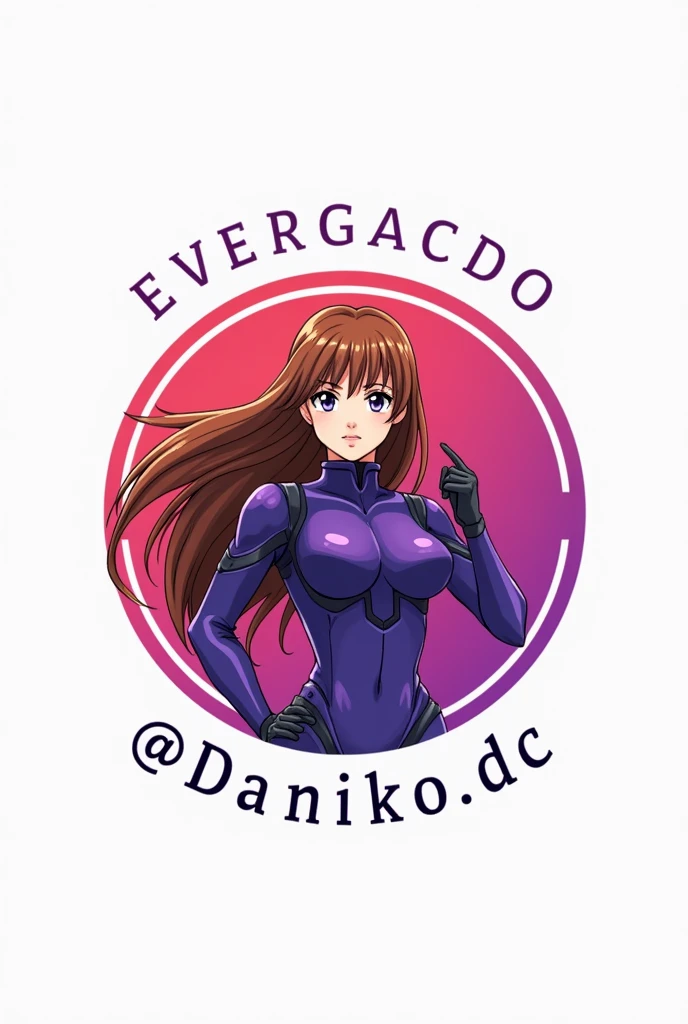 Round logo for promotional brand of Cosplayer with the name of instagram (@daniko.DC) with an image of a girl in cosplay with long brown hair dressed in the purple Evangelion suit from the 90s anime with a white background