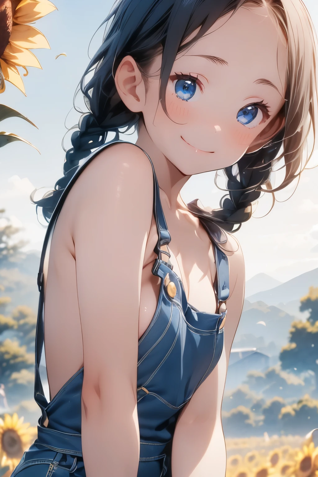 ((Top Quality)), ((Excellent)), (Details), (Japanese),, Black Hair,(Childish face), (twin braids), Girl ,Medium Breasts, Denim Overalls, ((Naked)),(topless), ((Blue Eyes)),half-smile , Sunlight, from_behind, ((arched back)), (extreme_close_up) ,upper body ,Sunflower field ,