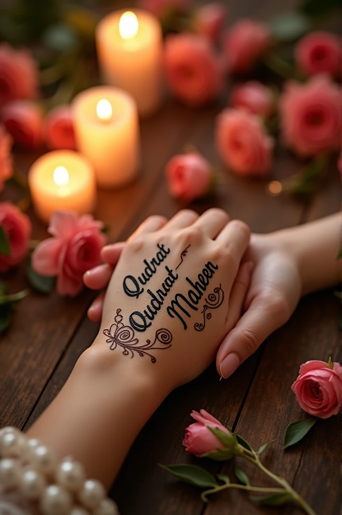 Qudrat and maheen name on hands with love
