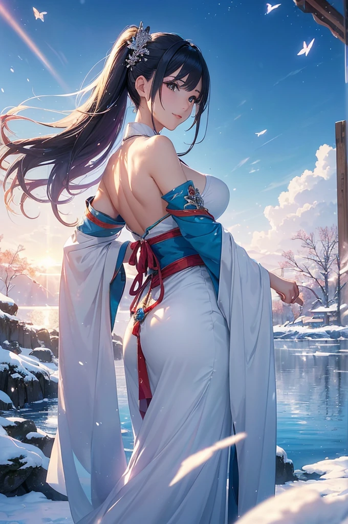 character: A beautiful woman, legendary, fairy, adult, (( hanfu, manner)) ((((realistic oil art, 46-year-old Empress, vibrant look, with silver-black color hair, modest)), perfect body figure, very big breast, very big ass, beautiful face, milf, royal, shine eyes, blue eyes, ponytail long hair style, beautiful skin,                                                                                                                   Tachibana Omina art style, affectionate eyes, half a smile, a gentle expression on his face, serene scenery of spring under the snow, snow flake floating around, calm, breeze, sun, lake, reflection, in the background, butterflies in the sky, realism, ((Best quality))),8k,((Masterpiece)),(Extremely refined and beautiful), details: 1girl, masterpiece, extremely detailed, (beautiful detailed glow), lens flare, red flare lens, sun flare, clouds, backlighting, (blue sky) , light from behind, shadow on the figure, sparkling light , standing in the distance, looking at the viewer, full-length , elegance under the sun, hair ornament, movement motion, image look alive, Extremely details hair, fine details, cinematic lighting, beautiful lighting effect, creative design, full body frame, divine aura, hard harmony , sun light, perfect color transition, perfect balance of contrast, perfect color layer, perfectly smooth color blur, soft rendering, smooth color stroke, light glare, optic lens, light ray, soft colors, smooth colors blend, perfect color rendering, harmony, perfect color harmony, beautiful color, soft harmony, light particles, perfect details, intricate details, color prism, fine details, refine details, different view point)))