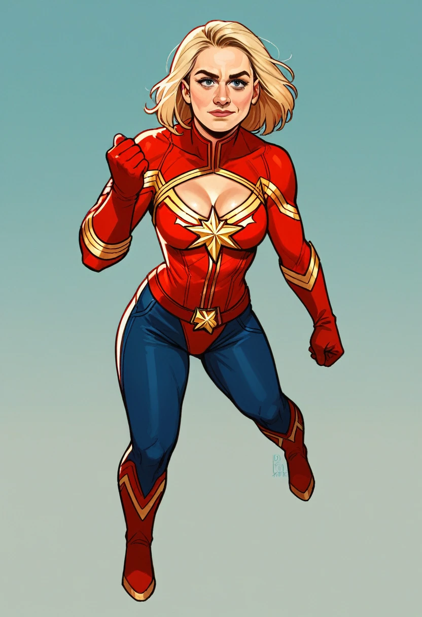 brie larson, medium hair, full body portrait, wearing captain marvel outfit, sexy, cleavage, breasts showing