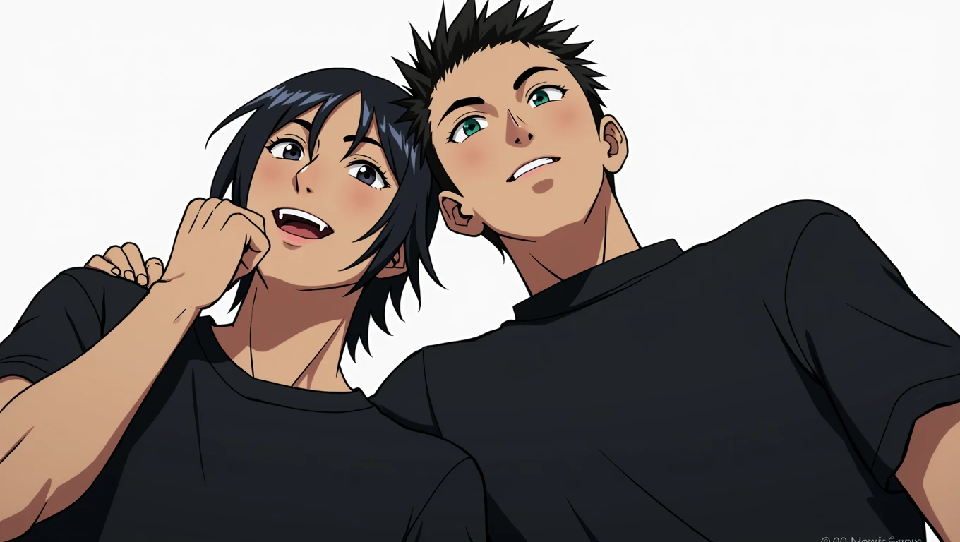 anime characters with black shirts and black hair posing for a picture, two anime handsome men, akehiko inoue and ross tran, katsuhiro and inio asano, bishounen, from yowamushi pedal, sankakucomplex anime image, jin shan and ross tran, jiro matsumoto and yusuke murata