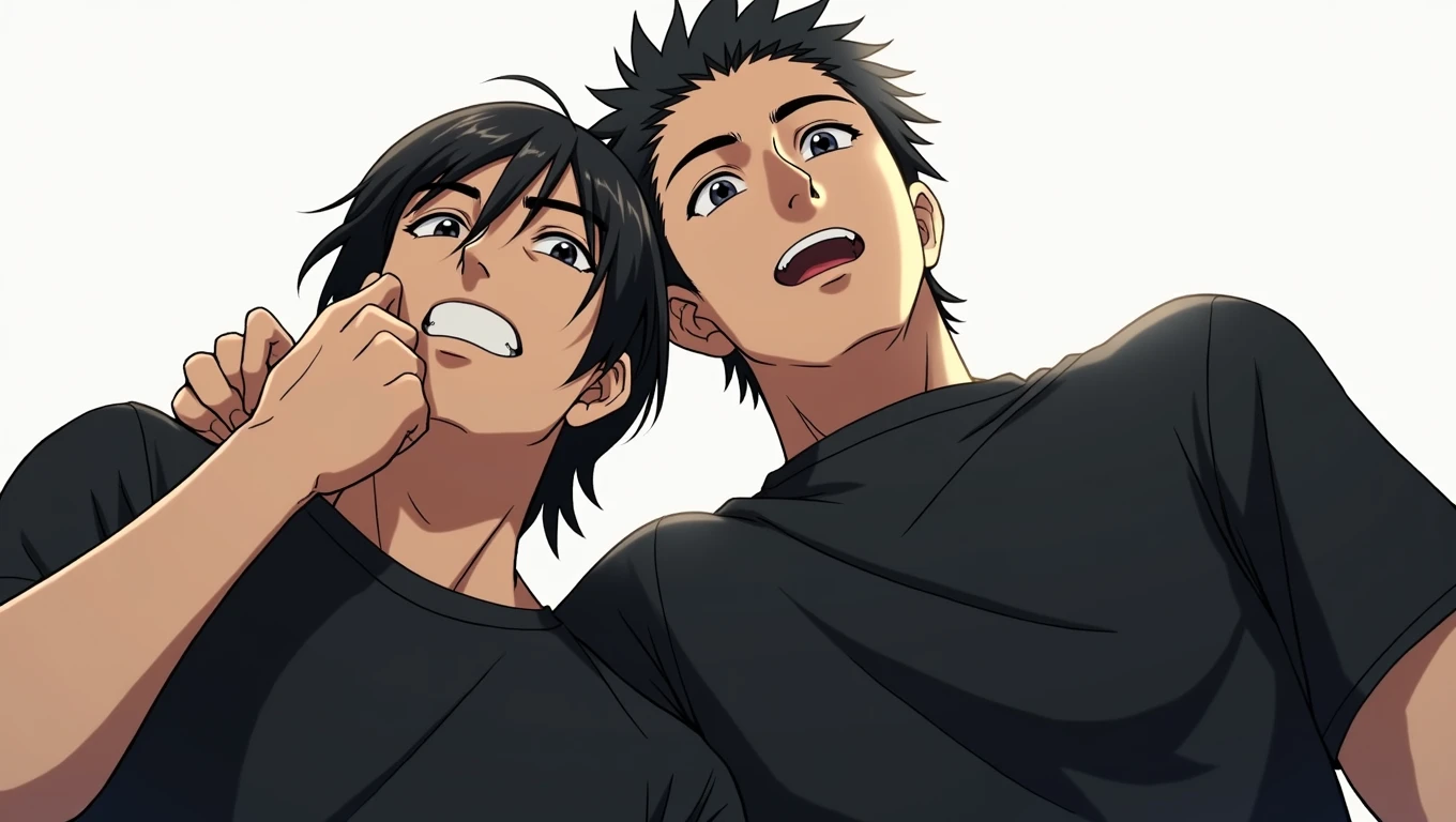 anime characters with black shirts and black hair posing for a picture, two anime handsome men, akehiko inoue and ross tran, katsuhiro and inio asano, bishounen, from yowamushi pedal, sankakucomplex anime image, jin shan and ross tran, jiro matsumoto and yusuke murata