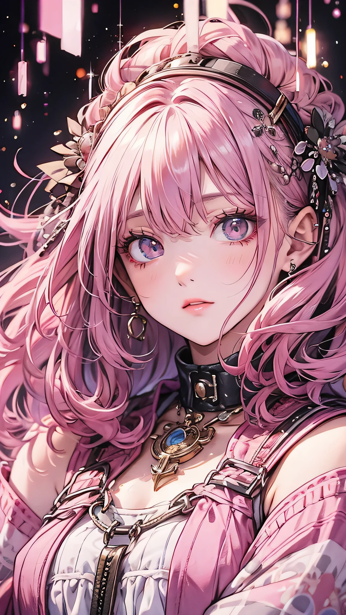 Highest quality, masterpiece, Upper Body, woman, Windblown Hair, Shining Eyes, Steampunk Style, Light clothing, Pink clothes, Pink Hair