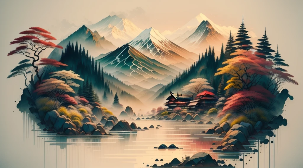 Traditional painting chinese ink red landscape. Painting of hills, trees on a textured paper. Old Asian, japanese design. 4k drawing. Beautiful artwork, water painting
