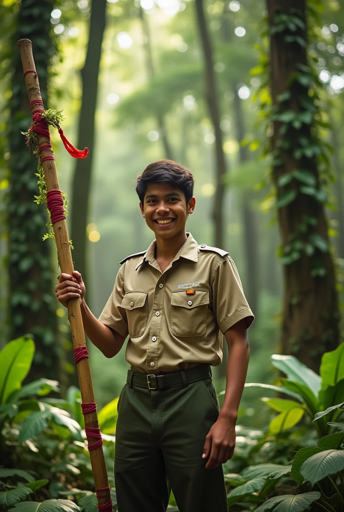Indonesian man, 25 years, in scout uniform, beautiful forest background, holding sharpened bamboo wrapped in red and white cloth,