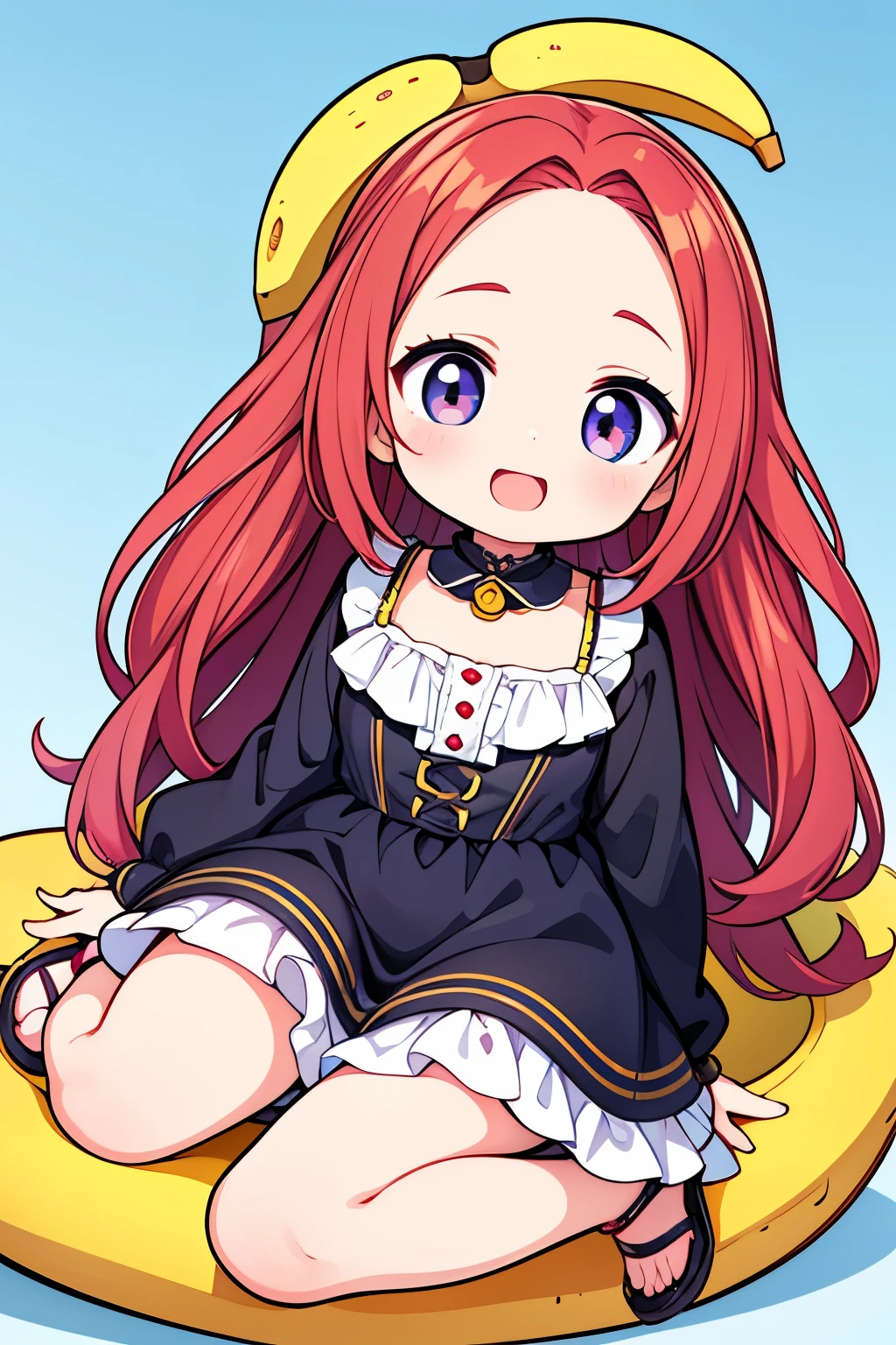 Photorealistic、Chibi Doll(whole body、hairpin、A hairstyle that reveals a large forehead、A hairstyle parted in the middle、A banana peel is sitting on top of his head.、Big Laugh)