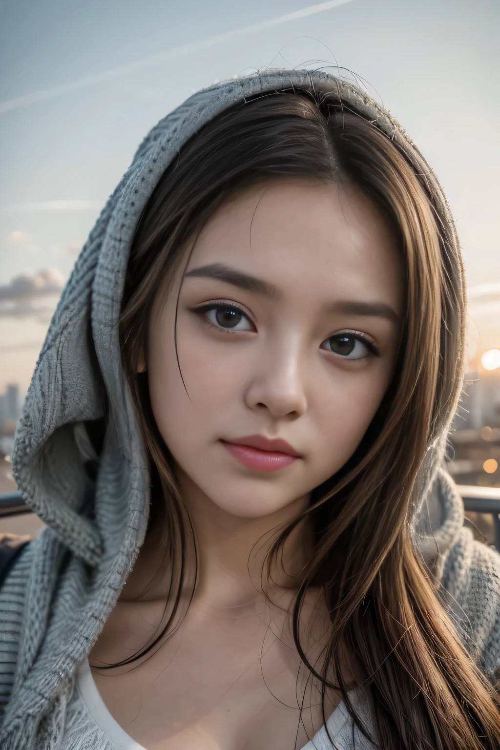 (photorrealistic, 8k, hyperdetailed, highest quallity, CRU), fashion shooting, portraite, close up, 1 girl, bonitas, cute face, mais bonitas do mundo, detailedeyes, long dark hair, large and drooping breasts, wearing gray hood, sports well:1.2, details Intricate, San Francisco Background, sun-kissed, bright sunny, SFW:1.5, bokeh, golden hour time, sunset, beautiful clouds,