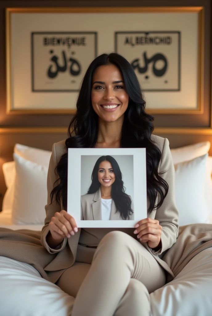 Une femme brune. Les cheveux raides, écartés ou assez écartés du cou, pas longs, de couleurs noirs. Une femme un peu volumineuse par sa forme physique. Assise dans une grande chambre d'hôtel, sur un lit de l'hôtel, souriante, la tête droite, le regard droit fixé vers l'avant, portant dans ses mains une grande photo qu'elle montre bien vers l'avant de sorte que la photo qu'elle montre soit un peu décollée de sa poitrine et derrière elle, accroché sur le mur, un tableau avec 2 écritures sur le tableau. L'une qui dit en langue arabe : Bienvenue à Berrechid et la deuxième en langue française qui dit : Bienvenue à Berrechid.