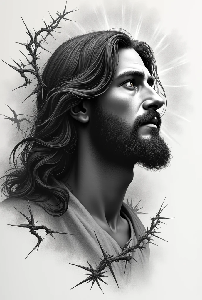 Black and grey profile tattoo of Jesus before being crucified
