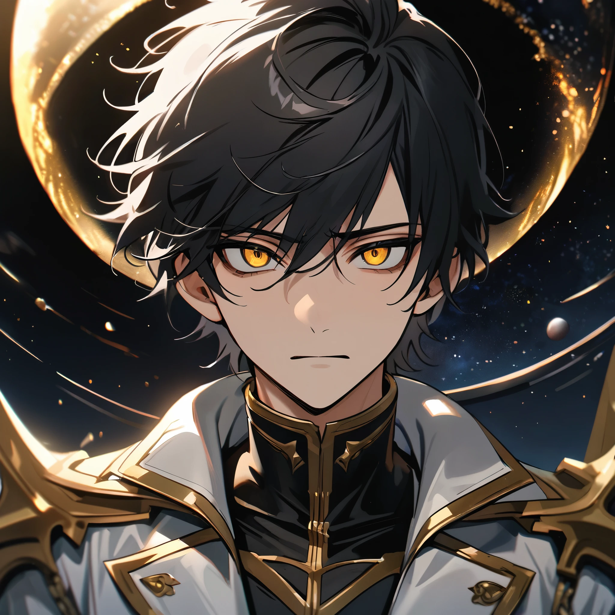 High quality, HD, 4k, no shadows, handsome male, handsome, 1male, , teenager, jet black hair, short black hair, dark hair, black hair, jet black hair, sharp eyes, deep gold colored eyes, dark golden colored eyes, deep gold eyes, gold eyes, devil may cry, close up, calm expression, stoic expression, black leather clothes, white leather clothing, lean body, well trained body, upper body, looking at viewer, cowboy shot, white solar, space background