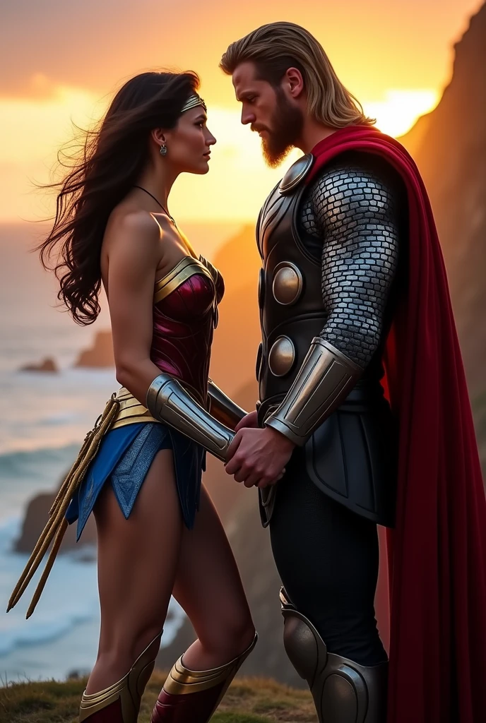 "Create a close-to-realistic image of Wonder Woman and Thor in a romantic setting. Wonder Woman, in her iconic red, blue, and gold armor, stands closely with Thor, who is wearing his traditional Asgardian armor, complete with his red cape and Mjolnir in hand. They are gazing into each other’s eyes with deep affection, their hands gently intertwined. The background is a dramatic sunset on a cliff overlooking the ocean, with the golden light reflecting off their armor. The scene should capture the powerful yet tender connection between these two legendary heroes, highlighting their love and mutual respect."
