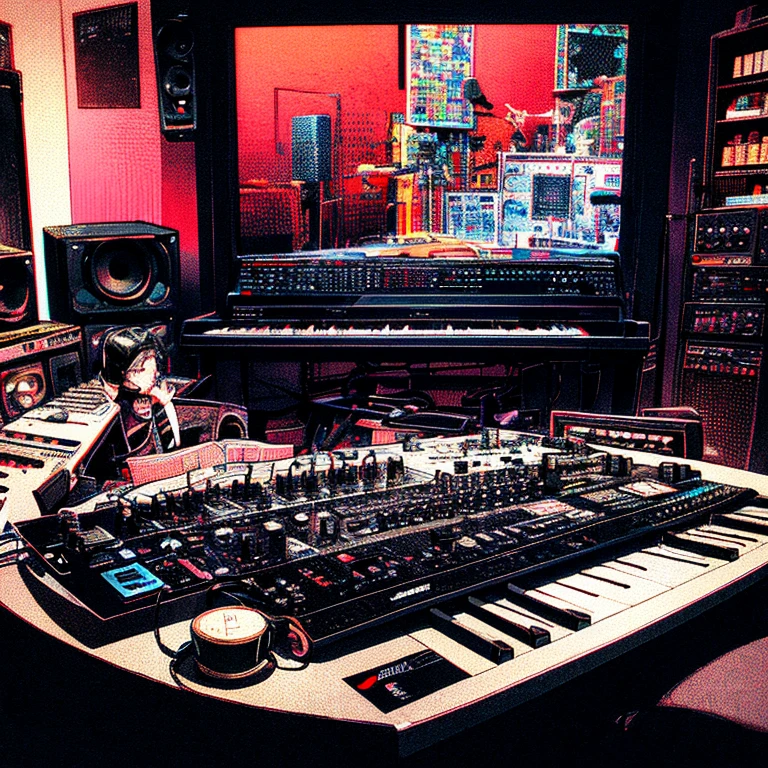 there is a 50 year old music producer with a very short white beard.,  short white hair, (a little overloaded), spectacled, sitting at a table with a keyboard and headphones, keyboard player, in his basement studio, using a synthesizer, Trend at the art station, sitting at the table at the keyboard, I play techno house music, trade at the art station, mixing, The music is playing, to the music, stunning illustration by Milton Caniff, in two tones, two colors, black and red colors, drawing, drawing, ink, masterpiece
